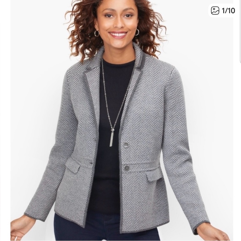 Talbots Merino Wool Gray Herringbone Blazer, Size Large Petite
